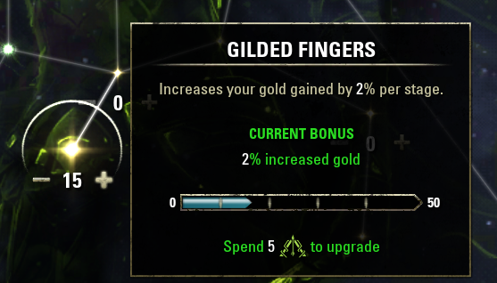 The Guilded Fingers perk currently has a 2% bonus and requires 5 Champion Points to upgrade to the next stage.