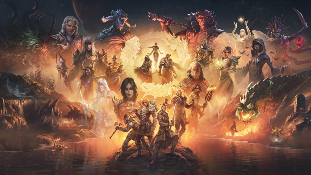 ESO: Gold Road keyart featuring many characters from past and future, including the Prophet, Mephala, Ithelia, Molag Bal, Mehrunes Dagon and many more.