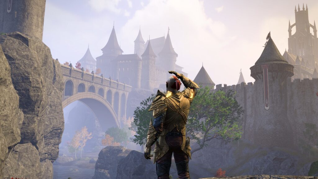 An orc player character looks towards one of the bridges which separates the two "halves" of Skingrad.