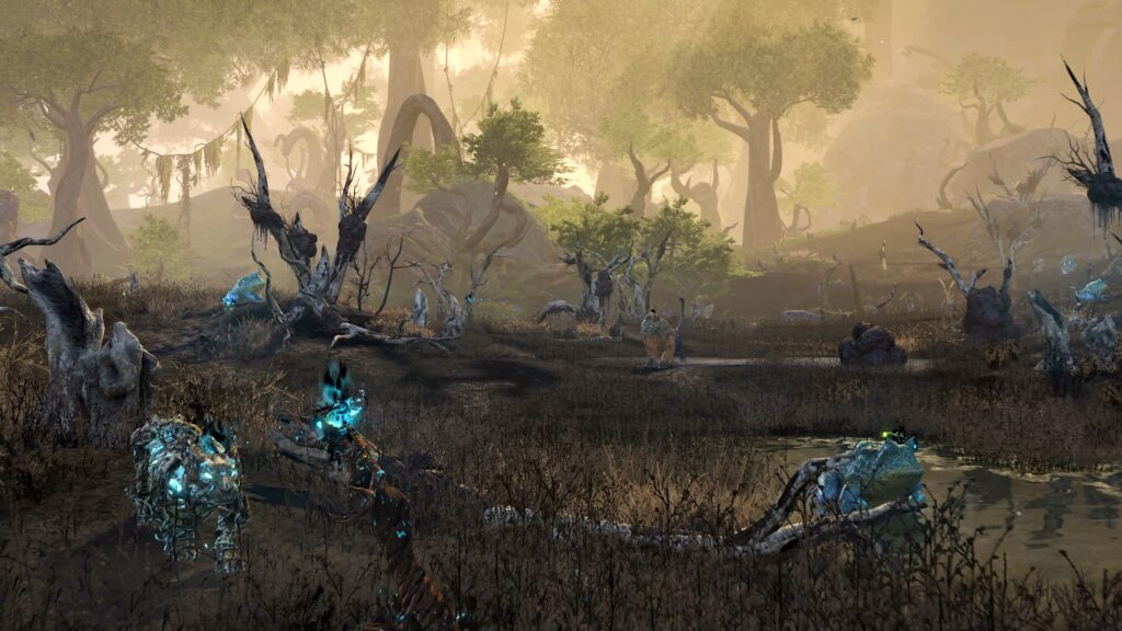 Wildburn has sick-looking ground and beasts with blue glows and black "smoke" coming out of them.